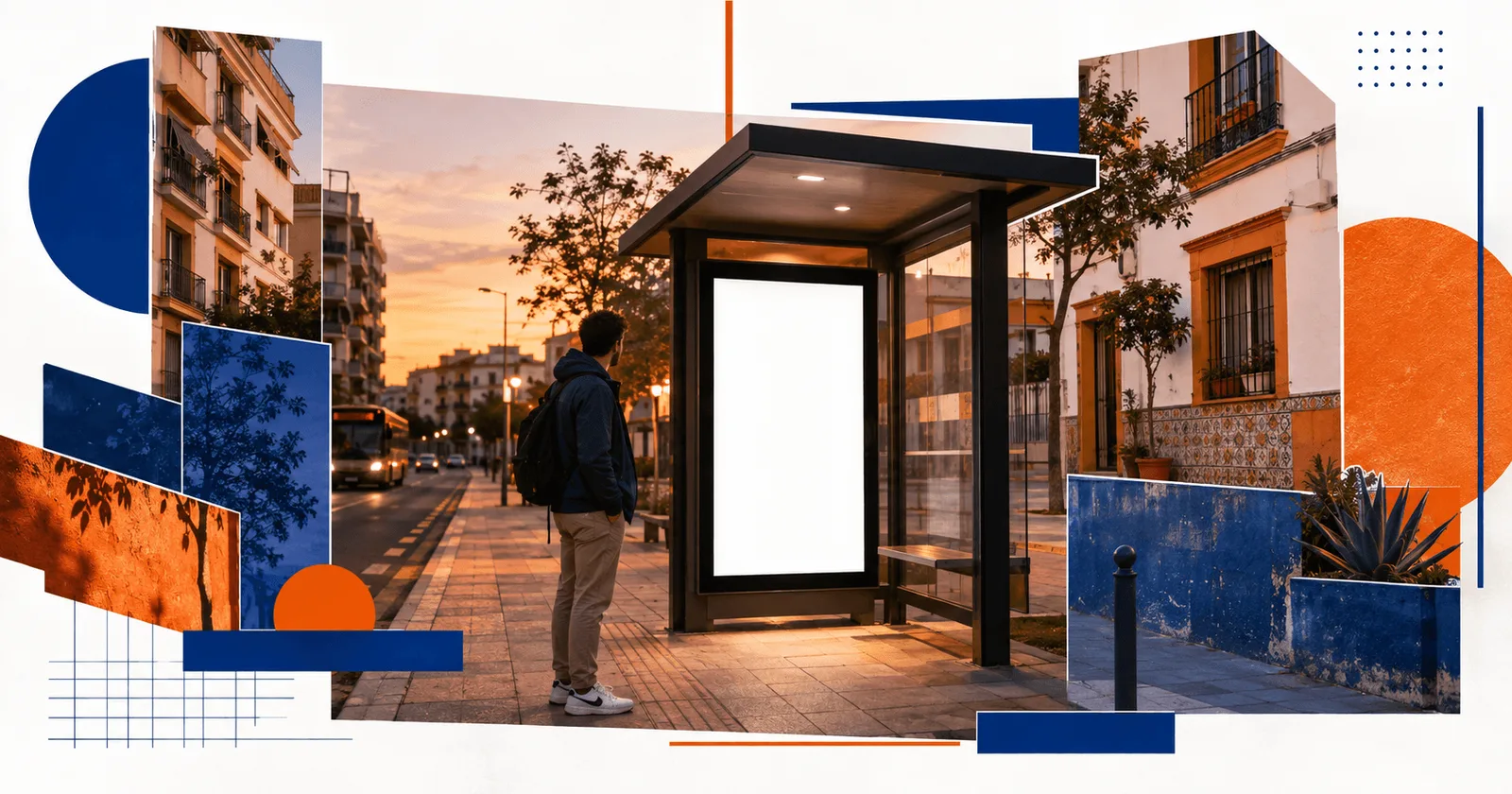 Marquesina de parada de autobús con anuncio en un barrio español al atardecer