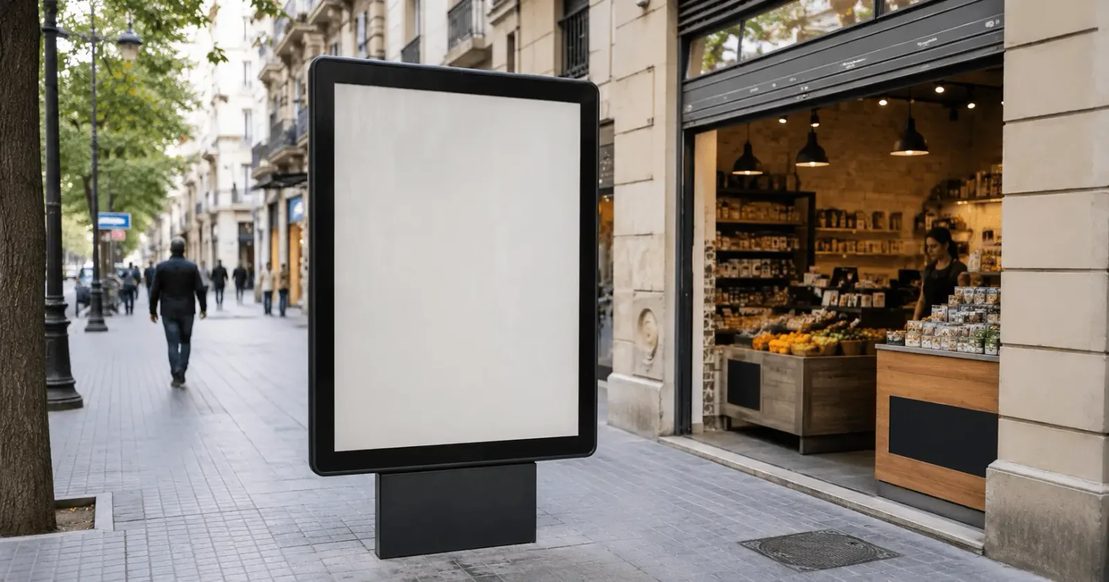 Mupi de publicidad exterior en una acera junto a un local comercial recién abierto en una calle española