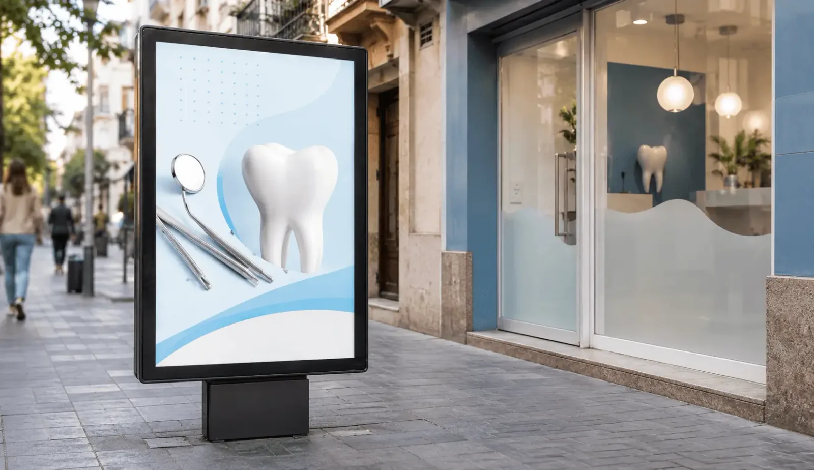Mupi con la campaña de una clínica dental en una acera de zona residencial