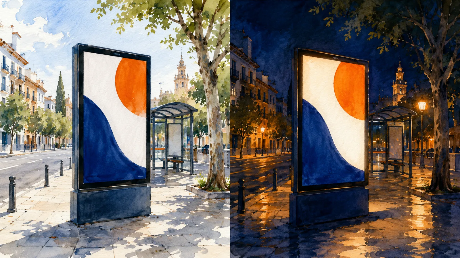 Comparativa en acuarela de un mupi visible de día y de noche en la calle