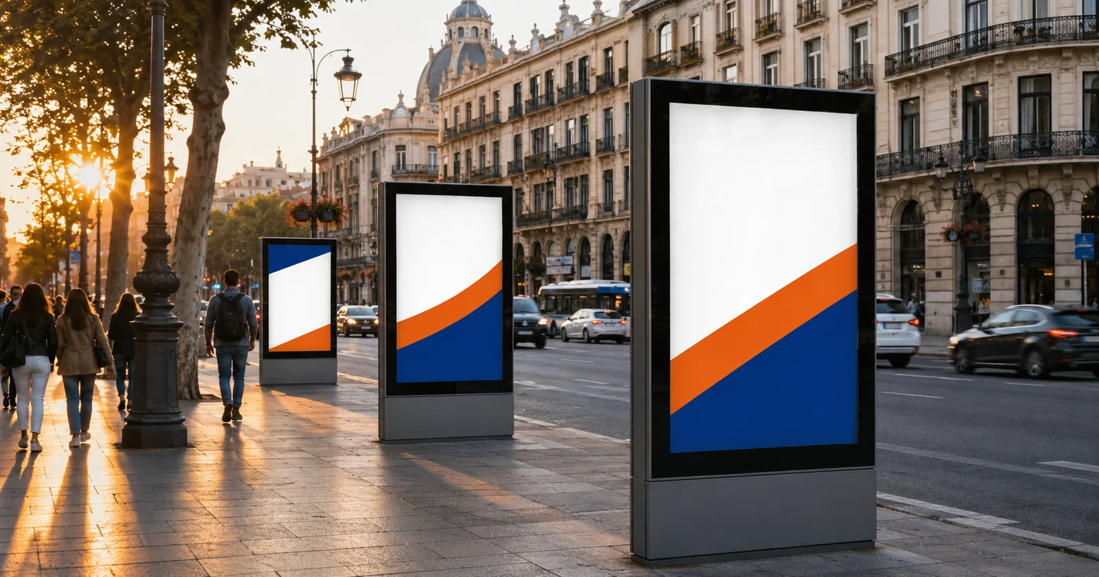 Varios mupis publicitarios concentrados en una avenida céntrica española mostrando cobertura por zona