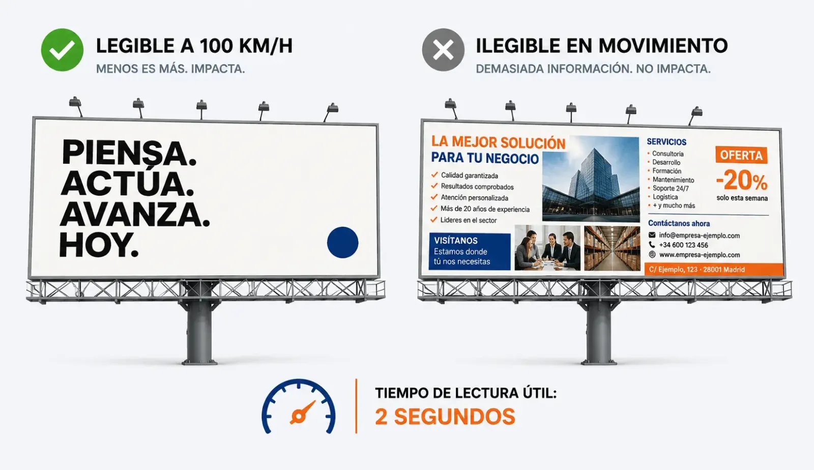 Comparativa de diseño de valla bien resuelto y mal resuelto para vista a 100 km/h