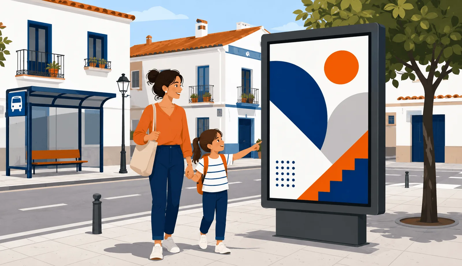 Ilustración plana de una familia frente a un mupi decidiendo academia en el barrio