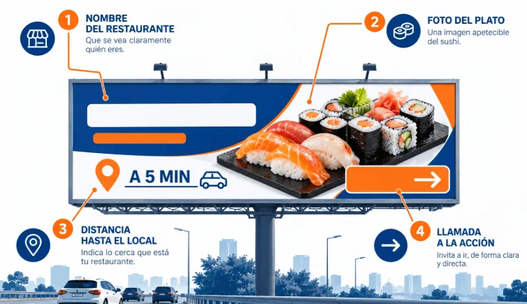 Infografía con las cuatro zonas del cartel de una valla para un restaurante de sushi: nombre, plato, distancia y llamada a la acción