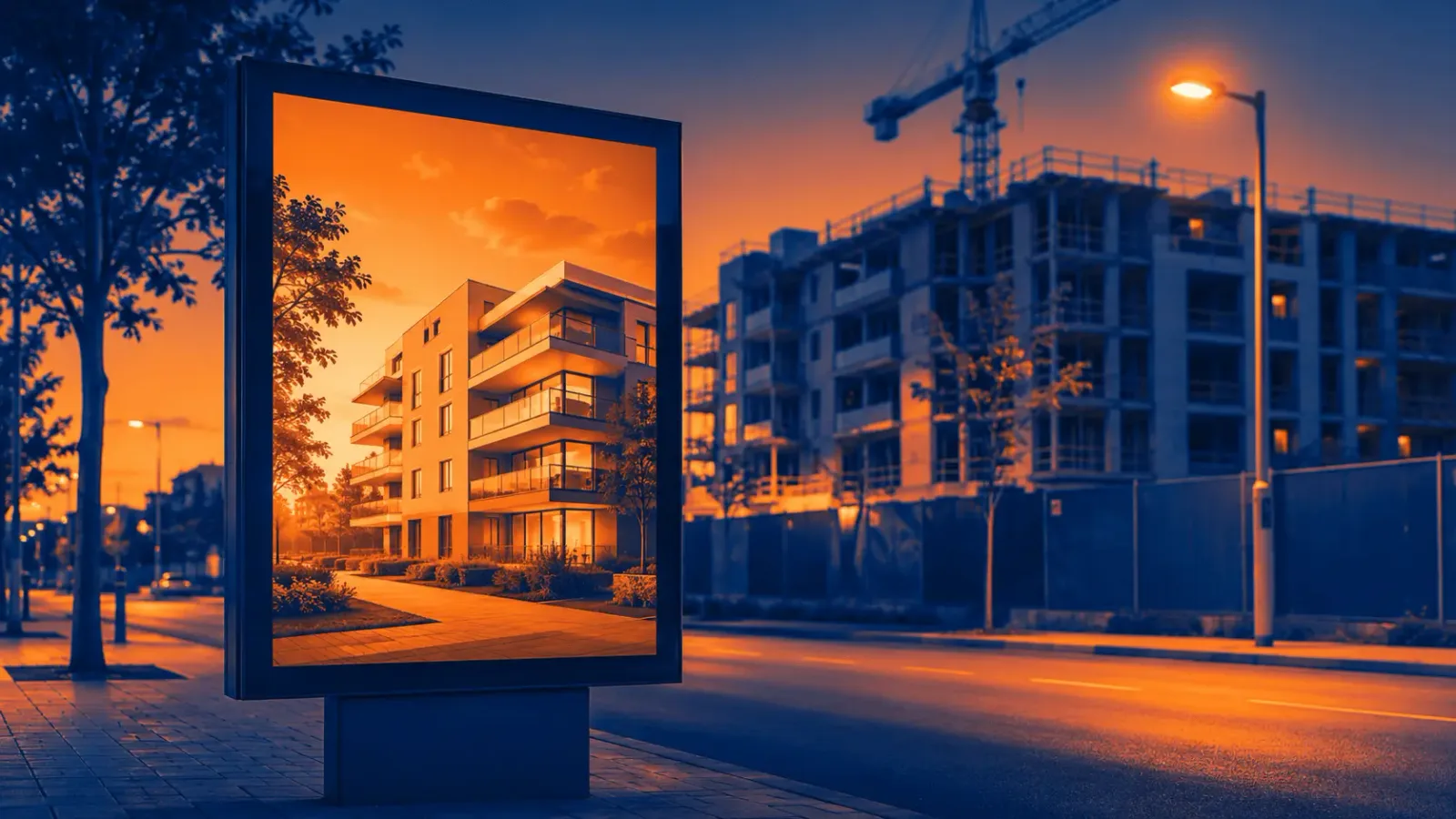 Mupi publicitario de una promoción de vivienda en la acera de un barrio residencial español, junto a un edificio en construcción