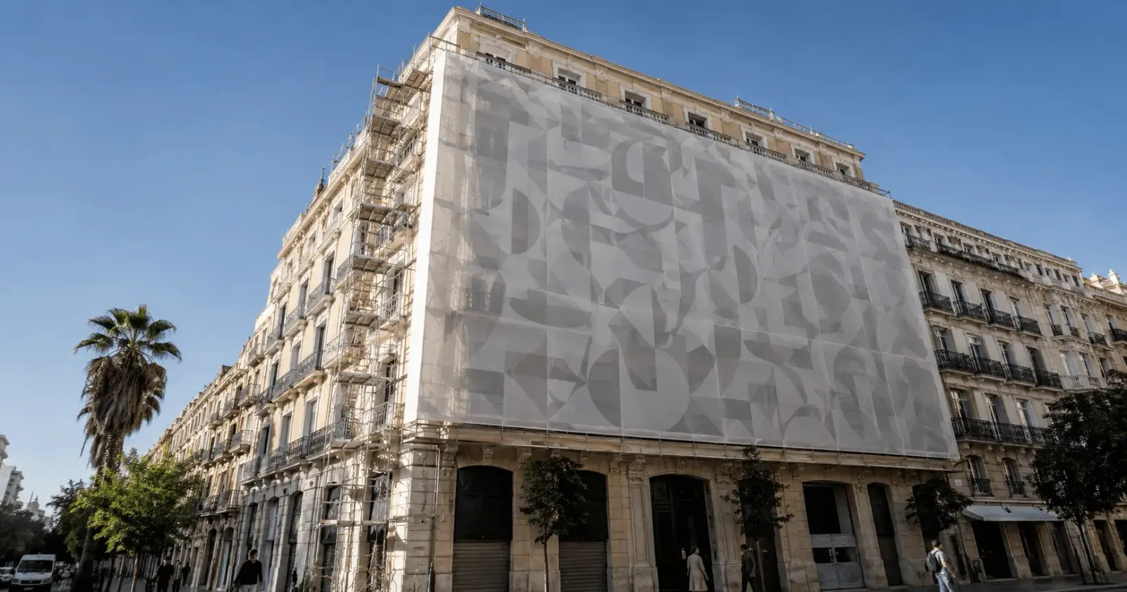 Lona publicitaria de gran formato instalada en fachada de edificio