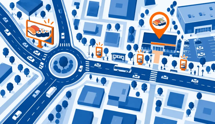 Ilustración plana de un mapa con la valla en la rotonda de acceso y tres mupis cerca de un restaurante de sushi