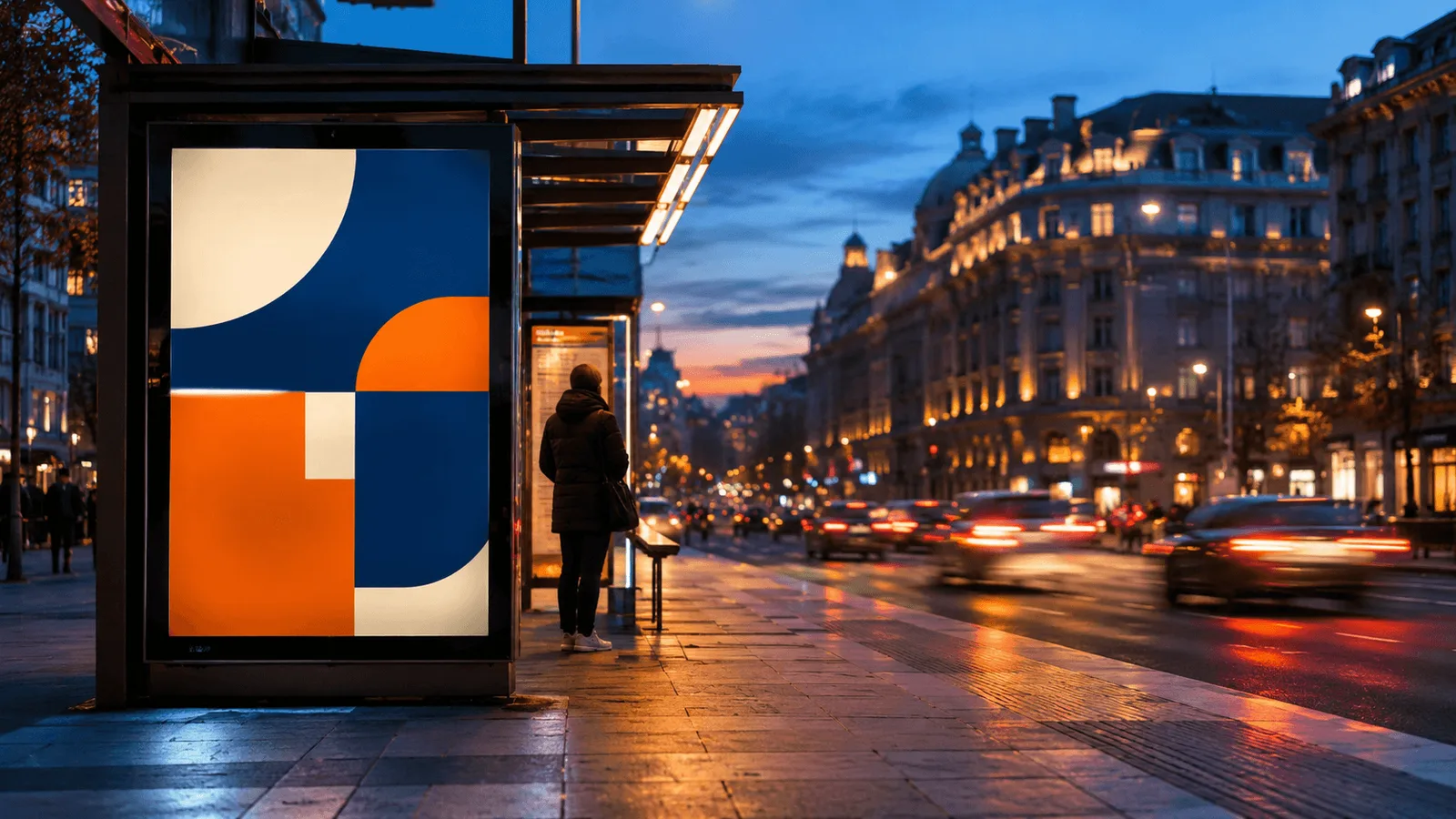 Marquesina de autobús con cartel publicitario vertical iluminado en una avenida urbana española al atardecer