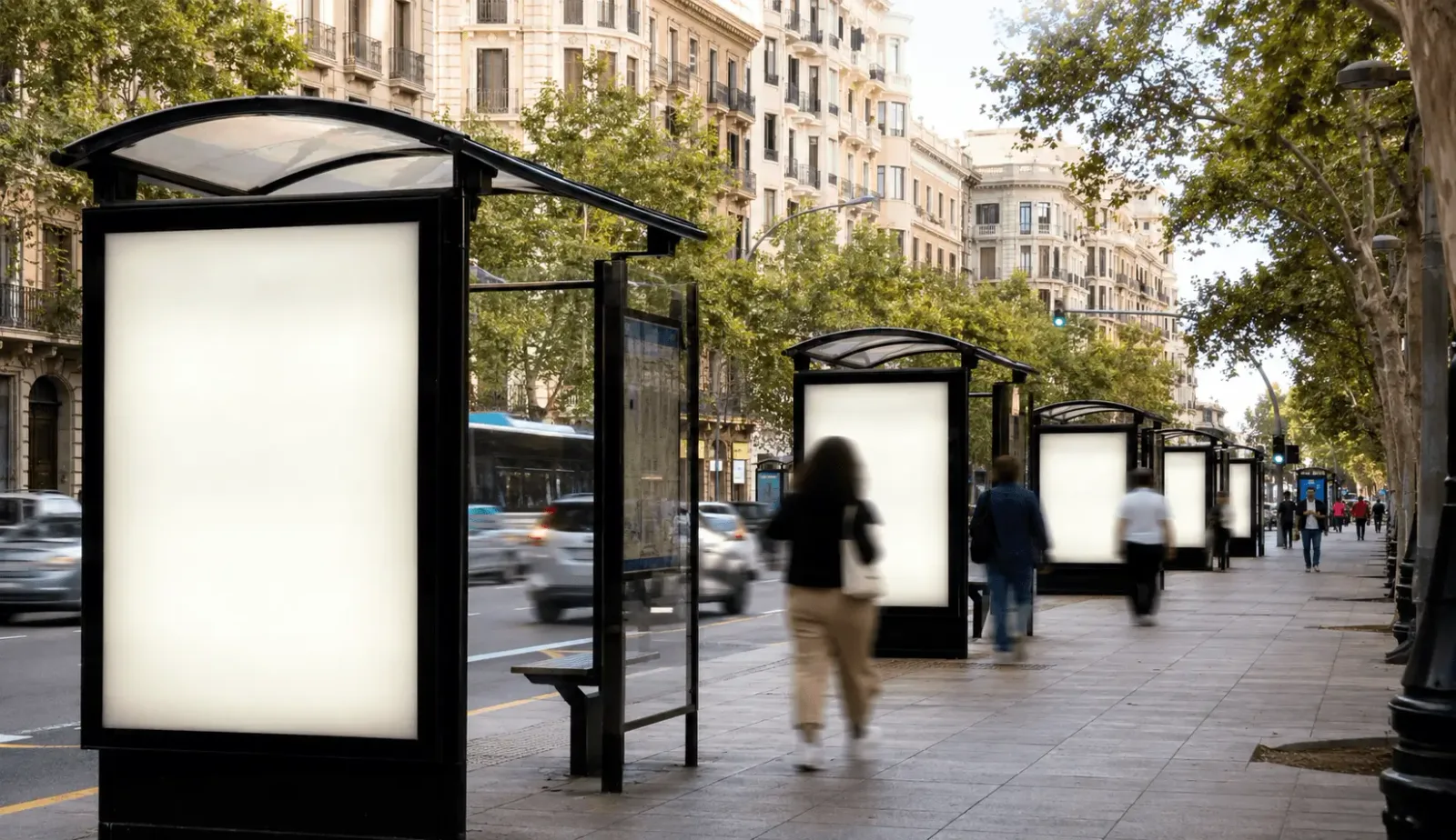 Varias marquesinas publicitarias repartidas por una avenida urbana española con anuncios genéricos iluminados