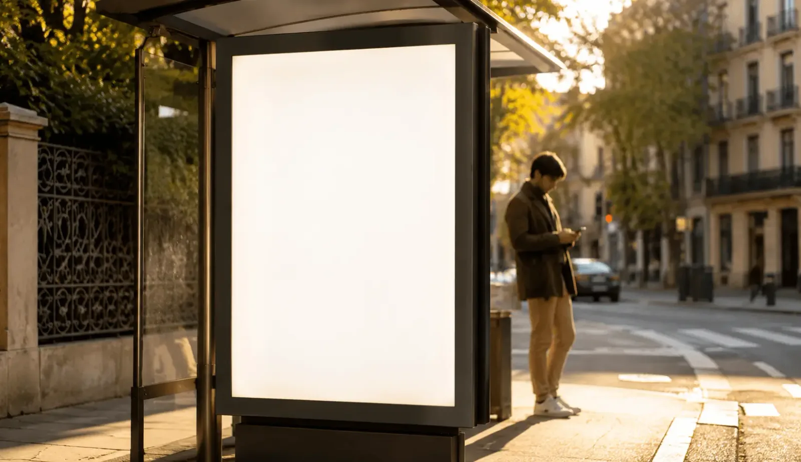 Marquesina publicitaria en una parada de autobús de una calle española con cartel genérico iluminado