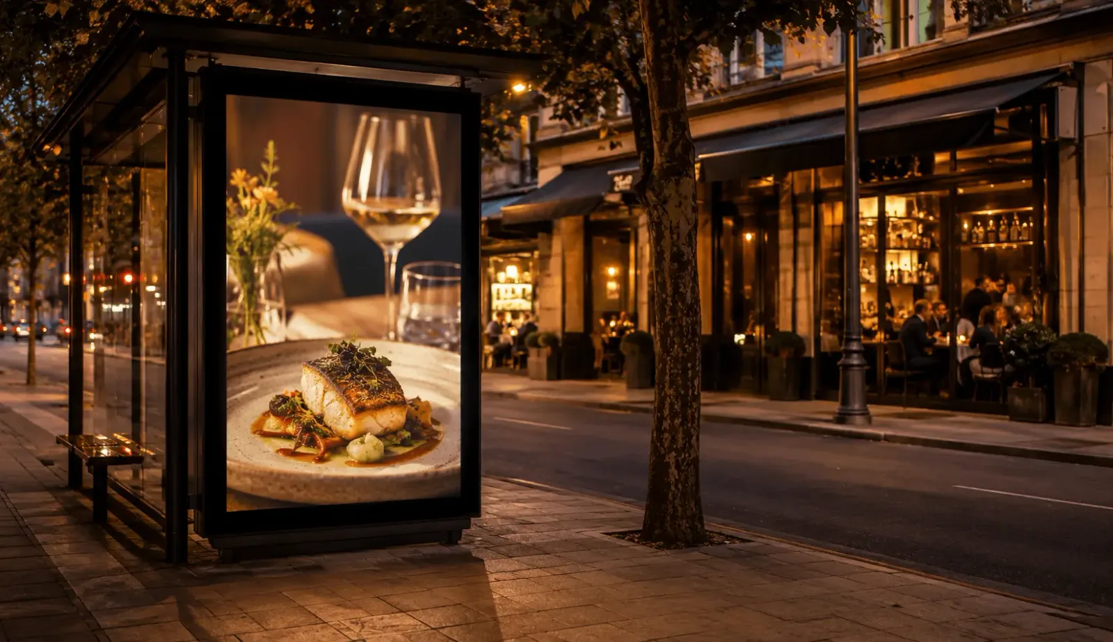 Marquesina de parada de autobús con anuncio genérico junto a una zona de restaurantes en una calle española