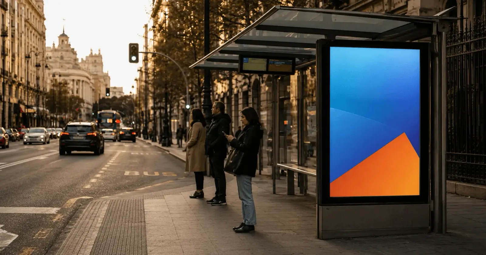 Marquesina publicitaria en parada de autobús con cartelería de campaña