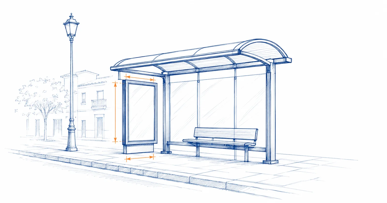 Dibujo a línea de una marquesina de autobús con el cartel publicitario acotado a 175x120 cm