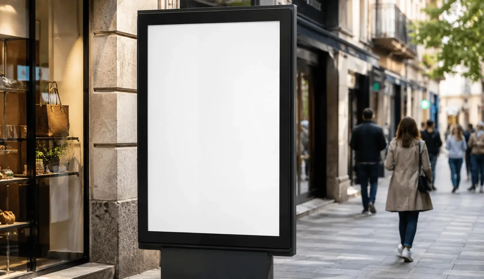 Detalle de un mupi de publicidad exterior junto a comercios en una calle peatonal española