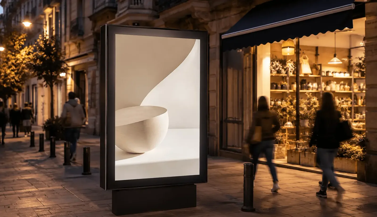 Mupi publicitario iluminado en la acera de una calle comercial española al anochecer, con un comercio local de fondo y peatones desenfocados
