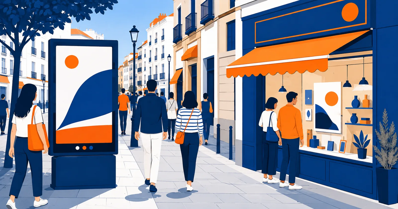 Ilustración de un mupi en la acera frente a una tienda con cartel en el escaparate en una calle española