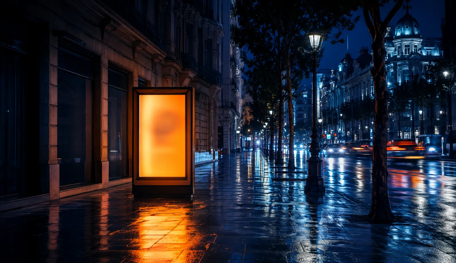 Mupi publicitario iluminado de noche en una avenida española mientras los locales están cerrados