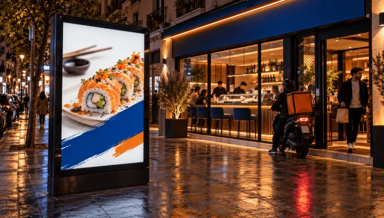 Mupi iluminado de noche en la acera, a pocos metros de un restaurante de sushi con el escaparate encendido
