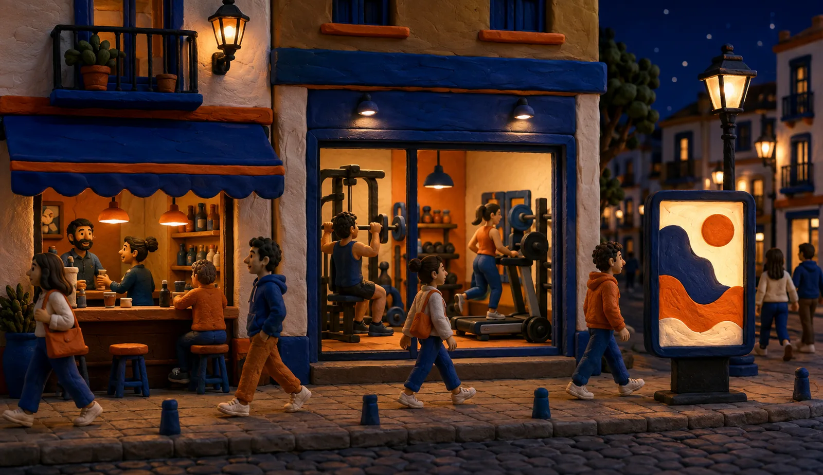 Escena en plastilina de calle nocturna con bar y gimnasio junto a un mupi iluminado