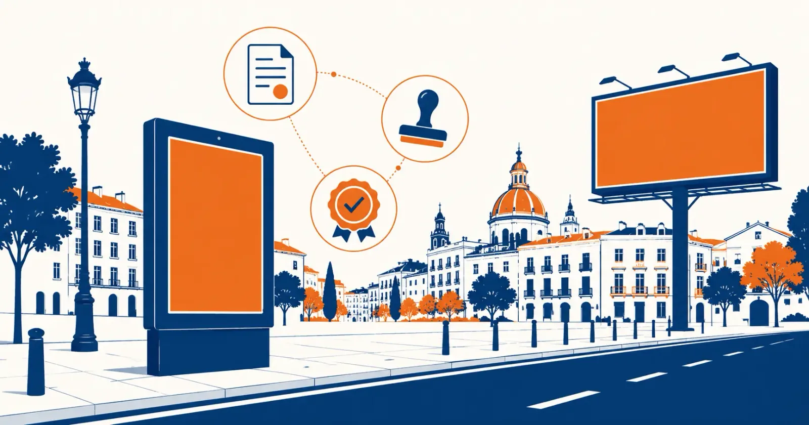 Ilustración editorial de un mupi y una valla en una calle española junto a iconos de documento y sello de licencia municipal
