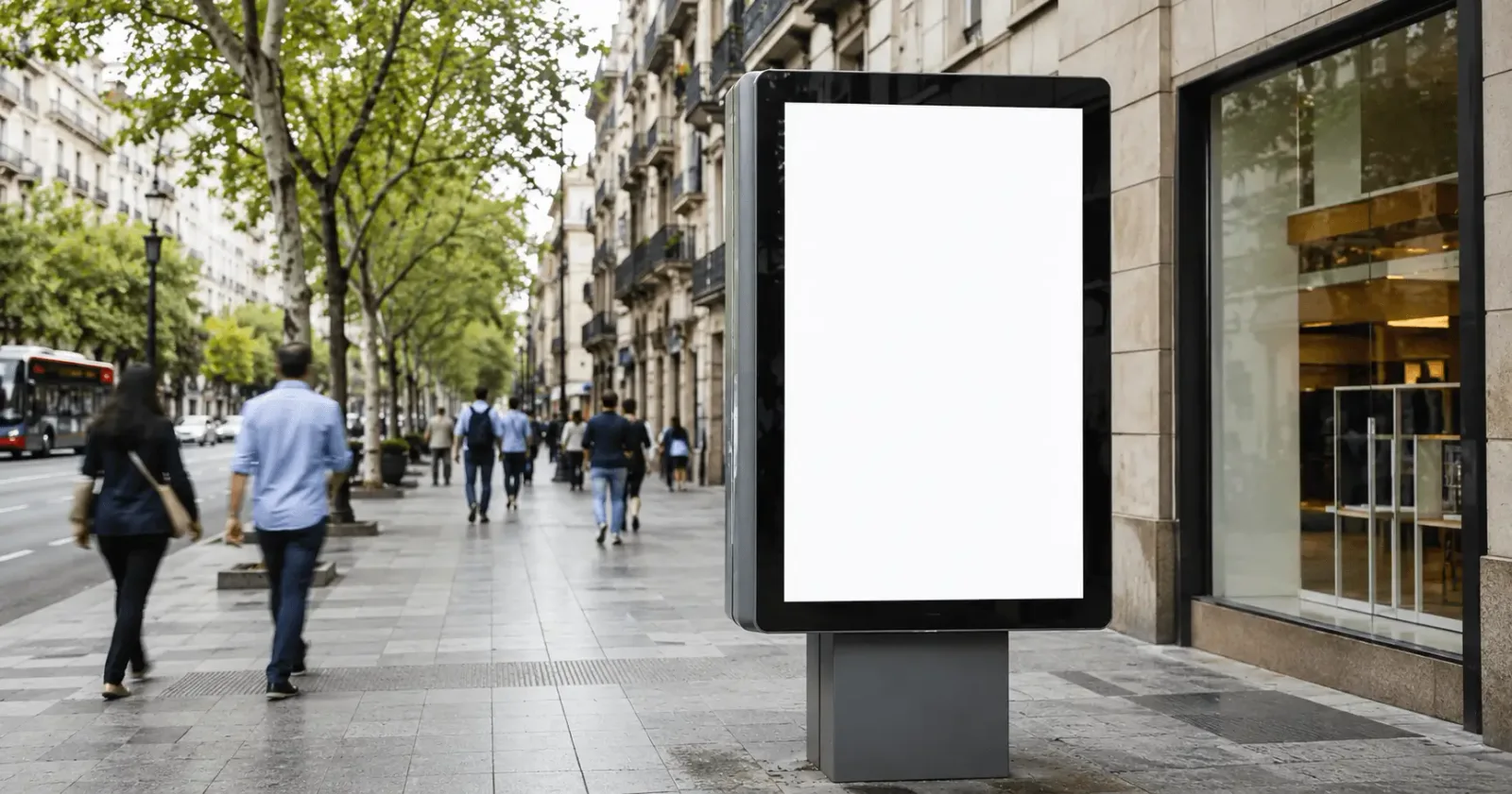 Mupi publicitario en una acera de una ciudad española con un anuncio genérico, peatones desenfocados al fondo y luz de día
