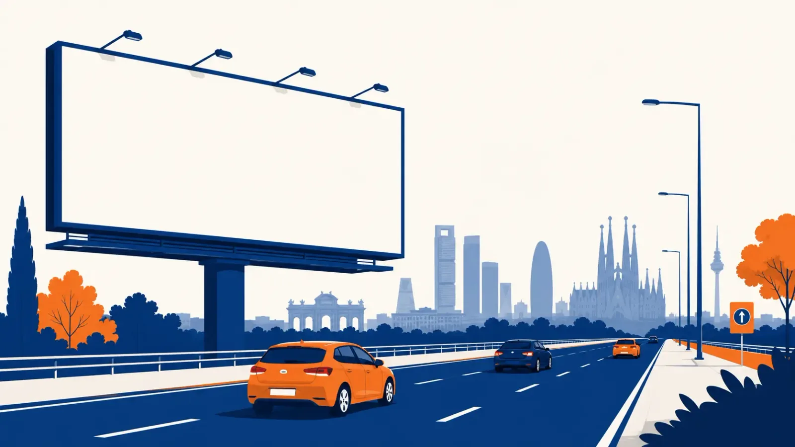 Valla publicitaria de gran formato junto a una avenida de acceso a un concesionario con tráfico de coches al atardecer