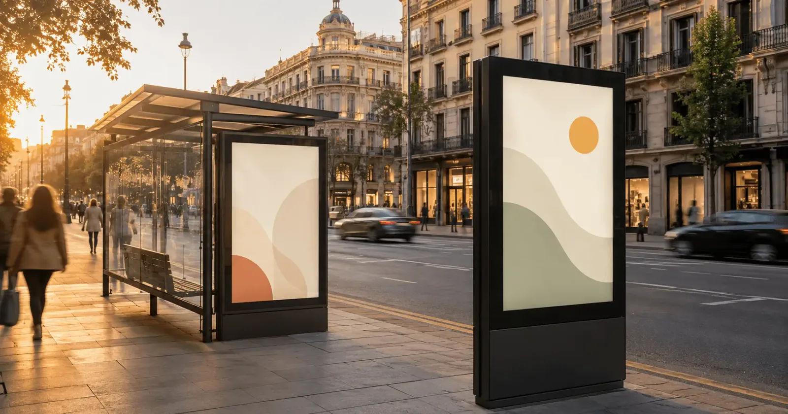 Calle de una ciudad española con una marquesina de autobús y un mupi publicitario iluminados al atardecer, peatones caminando por la acera
