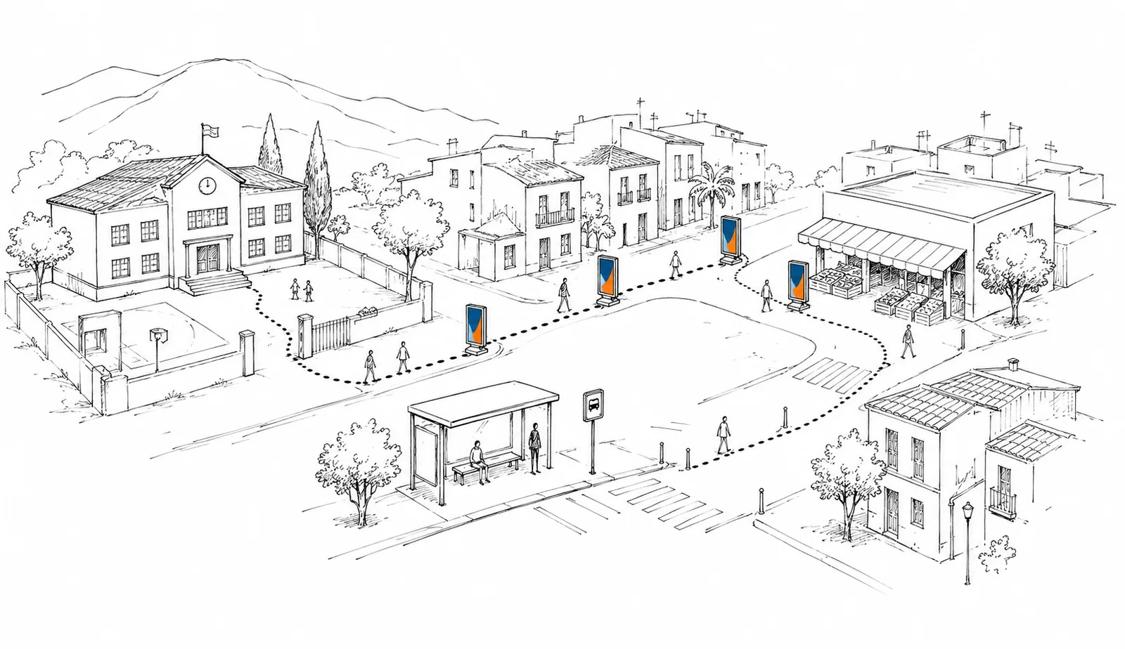 Boceto a línea de un barrio español con mupis colocados en las rutas diarias de un peatón