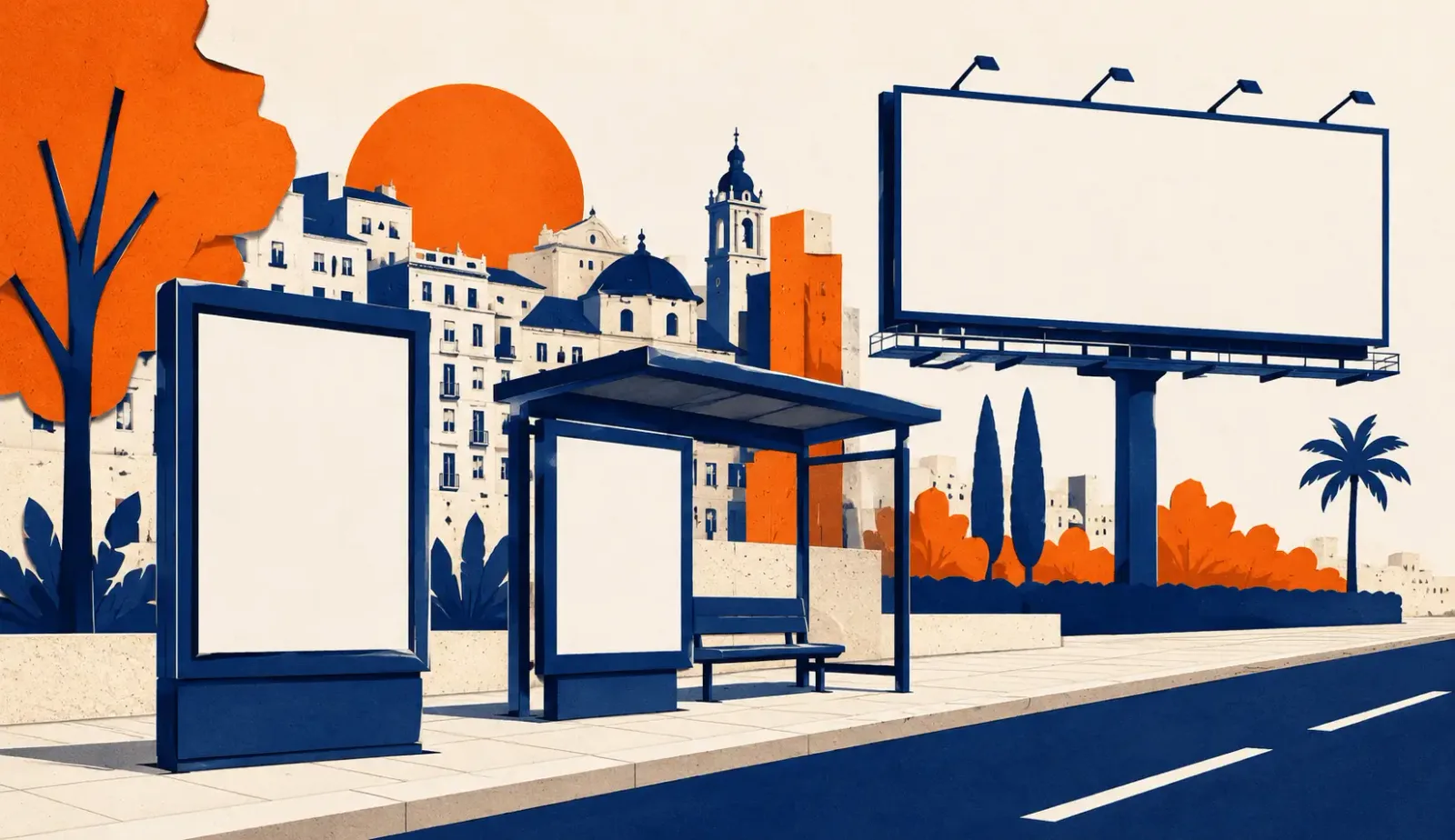 Diferentes soportes publicitarios de exterior en una calle urbana: mupi, marquesina y valla