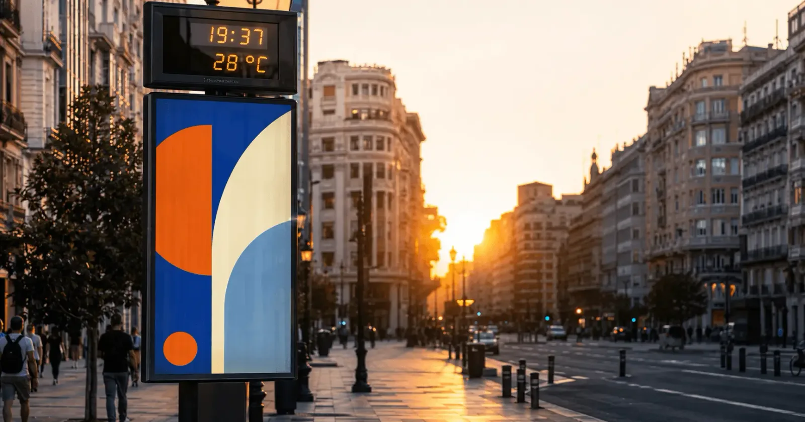 Termómetro publicitario con reloj y panel de mupi en una avenida española