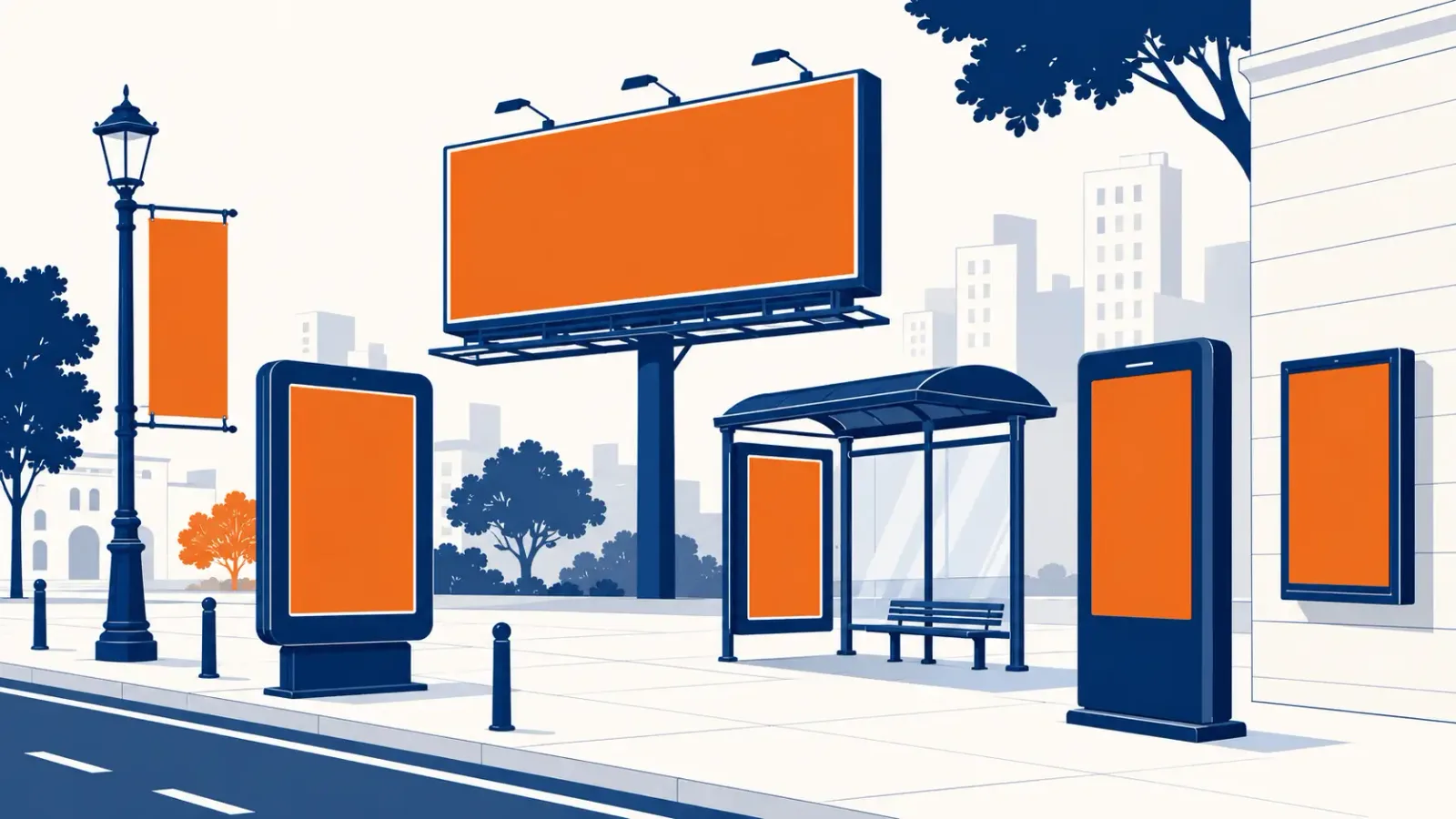 Tipos de soportes publicitarios exterior: mupi, marquesina, valla, monoposte y pantalla digital