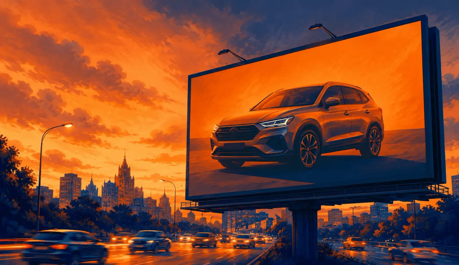 Valla publicitaria de gran formato con un coche genérico junto a una avenida urbana al atardecer