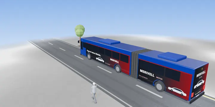 Recreación en 3D de un autobús articulado de 18 metros rotulado, como los que entran en el polígono de Júndiz