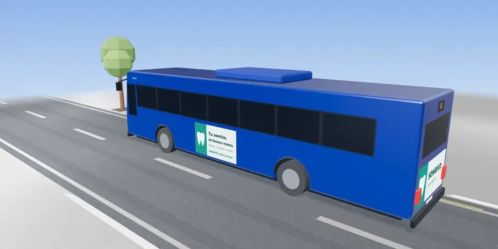 Autobús rígido en formato estándar Autobús rígido en formato estándar: anuncio ficticio de una clínica dental bajo las ventanillas y en la trasera