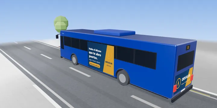 Autobús rígido con gran lateral Autobús rígido con publicidad en gran lateral: anuncio ficticio de una academia de idiomas sobre el lateral izquierdo y la trasera
