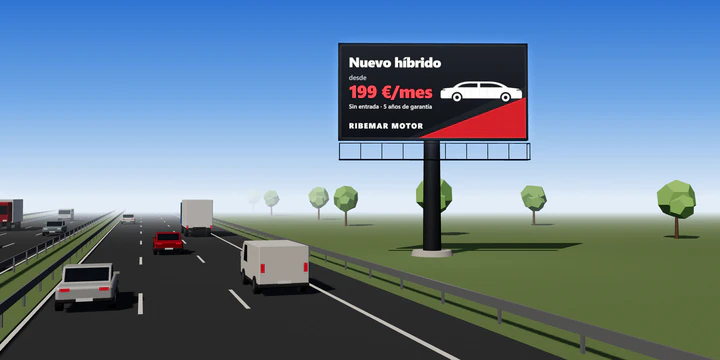 Monoposte digital junto a una autovía, con un anuncio ficticio de un concesionario