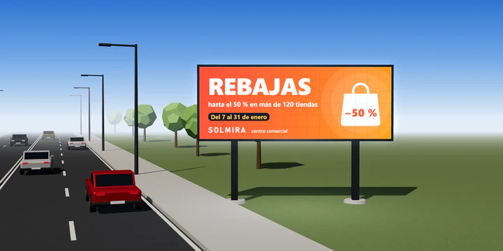 Valla digital de 8 × 3 m a pie de avenida, de día, con un anuncio ficticio de un centro comercial