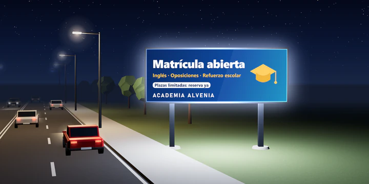La misma valla digital de 8 × 3 m de noche, encendida, con un anuncio ficticio de una academia