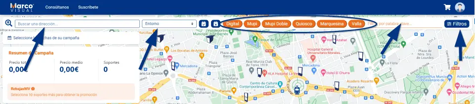 Filtros del configurador de publicidad exterior de Marco Visual