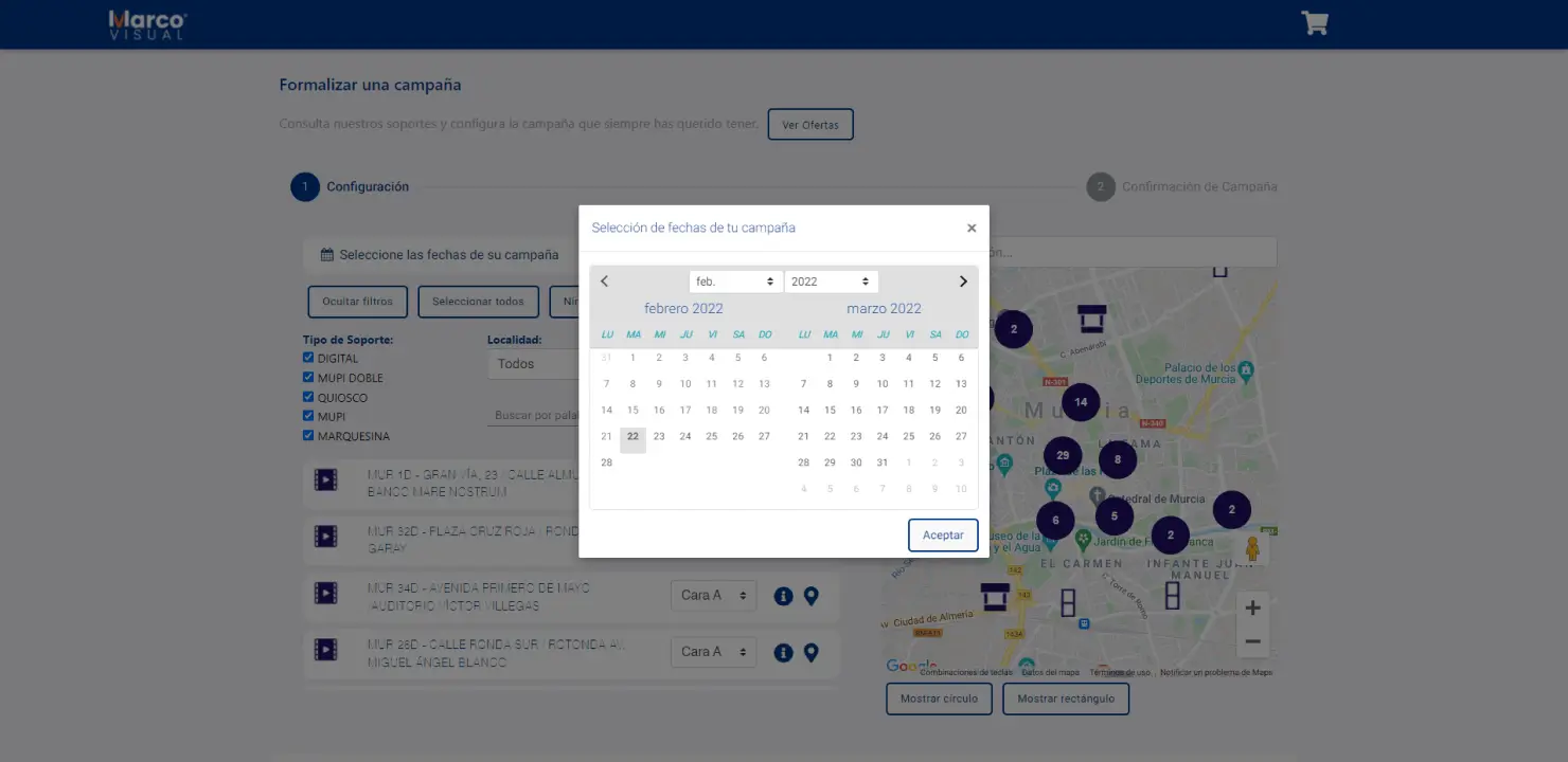 Selección de fechas en el configurador de Marco Visual