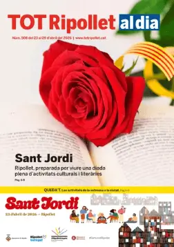 Vallas publicitarias activas durante la diada de Sant Jordi, con paradas de libros y rosas en la plaza de Pere Quart de Ripollet